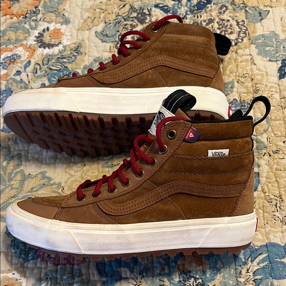 Vans Brown and Red High-Top Sneakers with Weather-Resistant Features